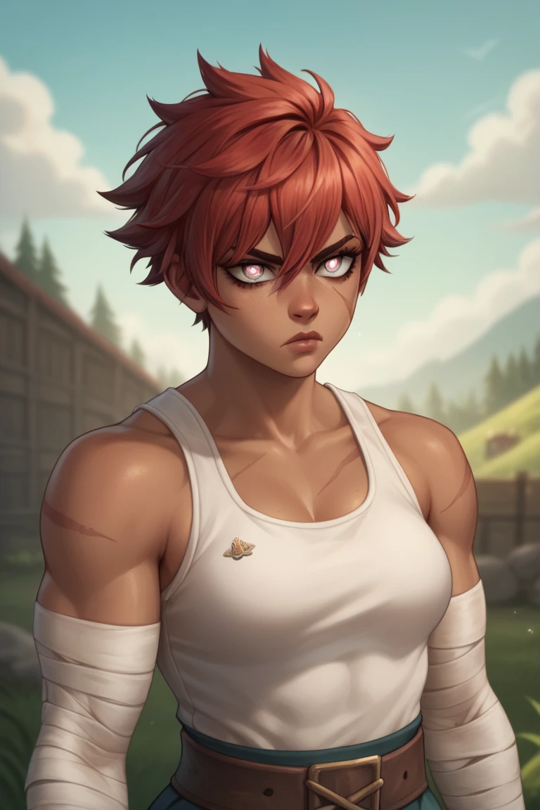 Sandbender Strong Female mohawk hair, crimson eyes, necklace with a ring, muay Thai posture, beautiful muscles, a burn mark on the left forearm, in his early 20s, some sand around the hand, medium tanned skin, focused trained eyes, with details in red and white and gold, large pants.