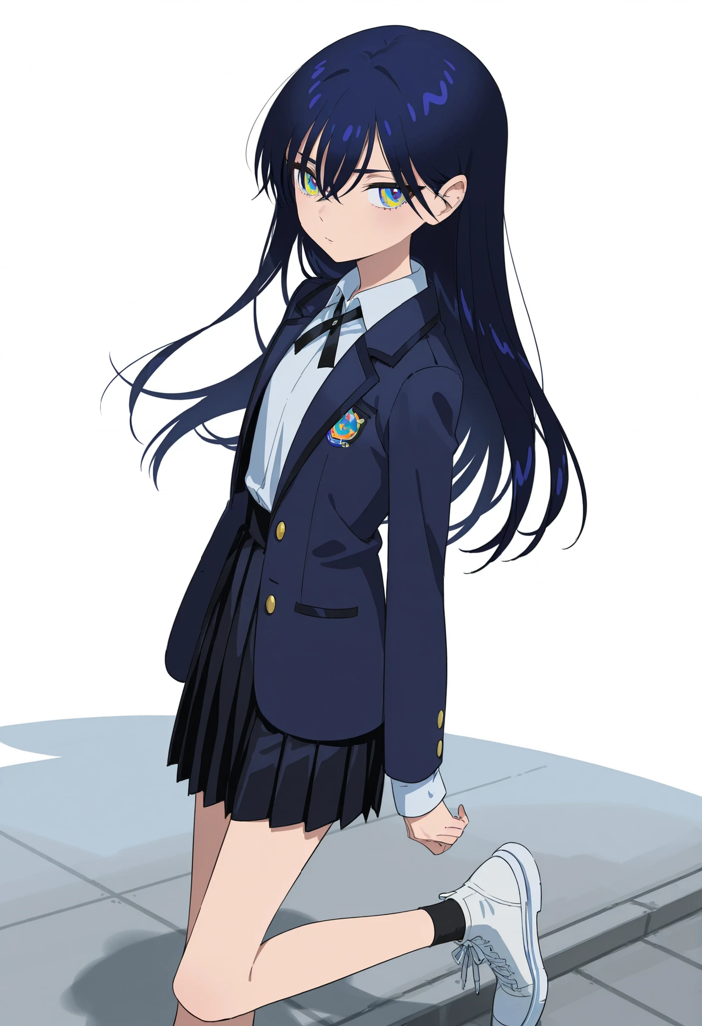 solo、 meow、 Slim、long hair、hair between eyebrows、bangs、鈍いbangs、dark blue hair with coke、colorful eyes、dark blue jacket、black ribbon、Pleated Skirt、uniform、Black Sox、  white shoes  、