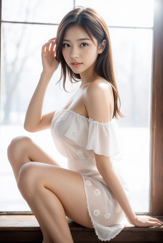Best Quality, Ultra High Resolution, Masterpiece, Photo Realistic: 1.8), Pore, Precision, Alps, Vast Meadows, Sky High and Expansive Sky, White Clouds Above Your Head, Firmament, Lean Forward, Face in the Center of Screen, See-Through Chemise, Lace Breasts, Large Loose Open Chest, Small Breasts, Pale Light, Young Woman, Hair Tied Back, Black Eyes, With a Joyful Smile, Smile, leaning forward, bending forward, bend at the waist, get glimpses of breast, detailed description, 23 years old, cute,