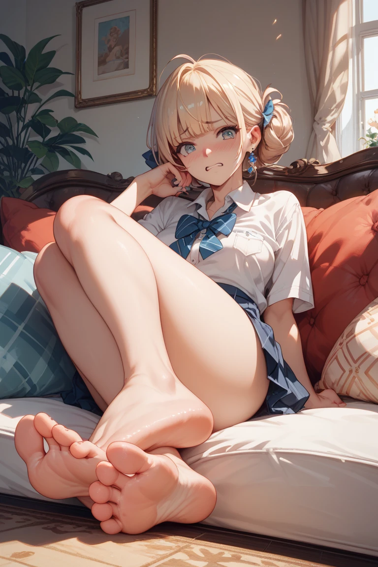 High definition 4K A flawless body, ideal proportions, perfect lighting, sparkling eyes, Japanese 17-year-old girl, Catholic high school student, Blonde bob cut, beautiful red eyes, neatly aligned bangs, tanned chocolate skin, dark gal style, traditional green sailor uniform, white tie only, white sailor collar only, white socks, loafers, full body, sitting on a chair, her legs are spread apart so her underwear is visible, Her underwear is white polka dots Healthy tanned chocolate brown skin Sitting on a zaisu chair Legs open to show off her underwear Sparkling eyes Ultra high quality Perfect proportions as a human being Perfect face Perfect limbs