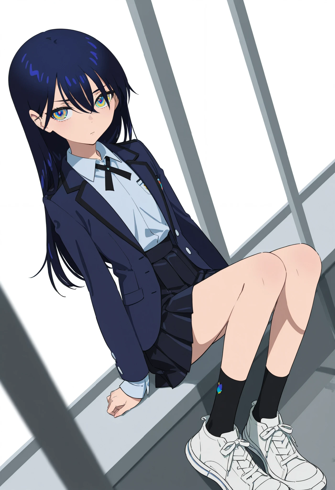 solo、 meow、 Slim、long hair、hair between eyebrows、bangs、鈍いbangs、dark blue hair with coke、colorful eyes、dark blue jacket、black ribbon、Pleated Skirt、uniform、Black Sox、 white shoes 、
