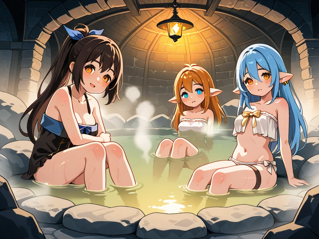 long hair,twin tail hair style, , nipplesng at viewer, blush, smile, open mouth, bangs, blue eyes, multiple elven girls, large breasts, nipple hair, hament, navel, medium breasts, sitting,bare lower dy,blue hair, collarbone, flower, :d, sidelocks, outdoors, sky, pointy ears, hand up, hair flower, tree, wet, night, upper teeth only, cherry blossoms, elf, star (sky), night sky, breasts apart, partially submerged, sky, rock, fence, onsen, bathing, take your pick, wooden fence