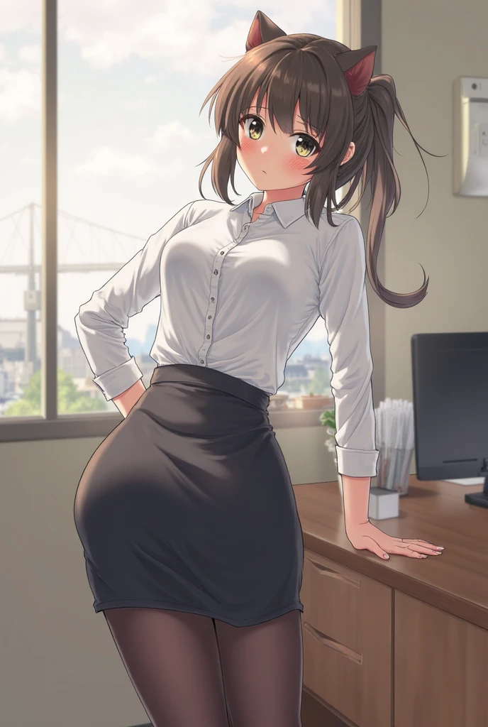 ((highest quality)), ((masterpiece)), (Get used to it), Perfect Face, Japan dark-haired person、28-year-old female,Bust isfcup,Dress code:White suit,Tight mini skirt,Roll up your shirt halfway,,Panty lines,Panties are visible,called,look back,big,Stick out your bare buttocks,Laugh shyly,Location:Day Office,One Woman