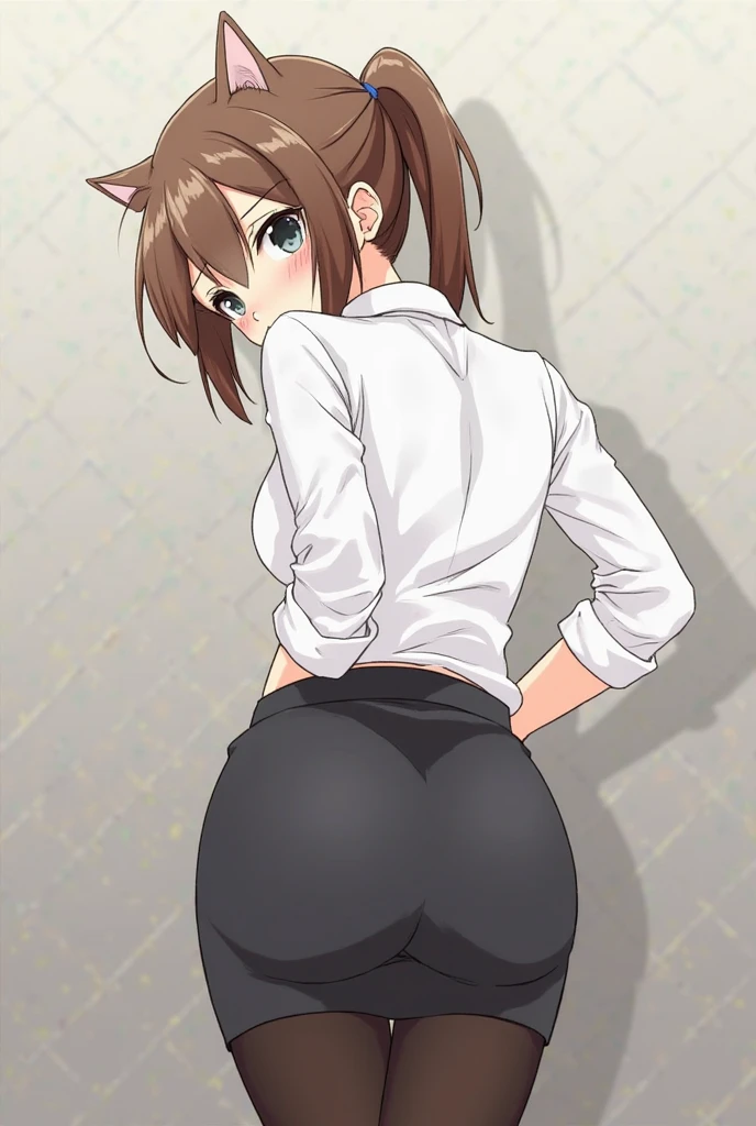 tmasterpiece, Best quality, A high resolution), 1 girl, Alone, Oversized fox tail,Long brown hair,Green-eyed,Small flower headdress, (13-year-old junior high school student),modernn architecture,摩洛解放阵线,In the middle of the night_A tryst in a relatively remote forest outside the village,in a skirt,wearing white pantyhose,hands on tree,Face me,look back at me,Lift up your skirt,Back-in posture,blush and smile,(Sexual suggestiveness),Vision from bottom to top,