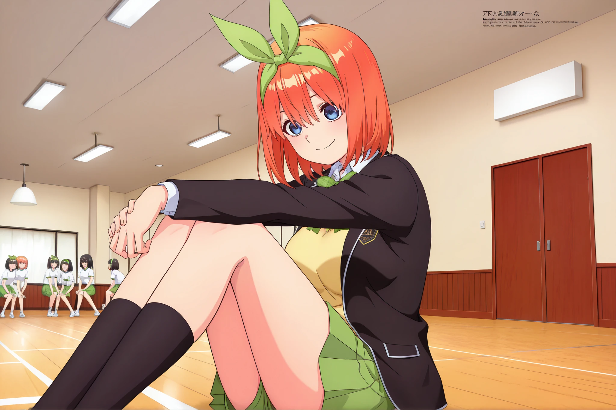 1girl,unwellness depressed y0tsuba, large breasts, orange hair, blue eyes, short hair, hair between eyes green bow hairband, black blazer, open blazer, yellow sweater vest, white collared shirt, bowtie, plaid bowtie, green skirt, pleated skirt,y0tsuba, orange hair, blue eyes, short hair, hair between eyes, green bow hairband,Gymn4s3,sitting on the floor grasping one's knees (as in a gym class),,score_9, score_8_up, score_7_up, rating_safe, masterpiece, best quality, absurdres, unity 8k wallpaper, official art, official style, source_anime, uncensored, game cg, megami magazine,taiikukan, indoors, sportswear, multiple girls, indoors, photo background, shorts, 6+girls, ceiling light, black hair, ceiling, stage, wooden floor, gym uniform, sportswear, jyojifuku, white shirt, short sleeves