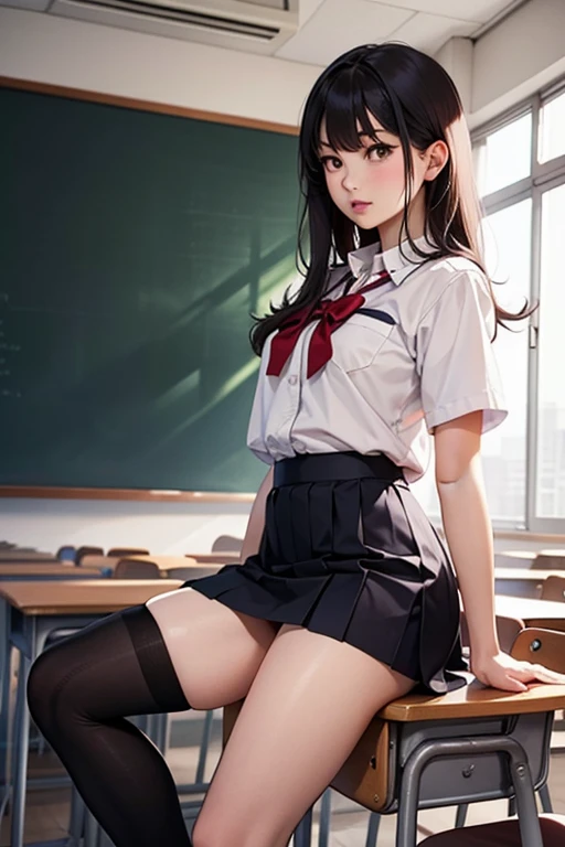 (high-definition images, atmospheric perspective, 8k, super detail, accurate, best quality), ((while standing, place her one leg on the desk and touch her crotch against the corner edge of the desk)), angle from side below, (ecstasy, eyes realistic sizing, realistic skin), ((showing off her super detailed drawing panties with all sorts of pattern)), ((skirt, braid, silliness of a serious and straight-laced girl, shame, glasses)), various area in the school,