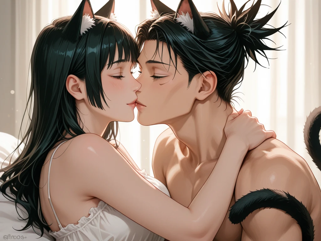 (obra maestra, mejor calidad, Alta calidad), desde arriba professional artwork, bien dibujado, detalles intrincados, desde arriba, (((A boy long hair messy hair, and a girl with cat ears looking at each other and after kissing.))), junkotvv, room, Cabello ultra detallado,  ojos rojos, cara ultra detallada, ojos perfectos, arete, rubor, avergonzado, pecho desnudo, pantalones de mezclilla, strong breathing , perspiration, noche, bajo la luz de la luna ,(sudoroso:1.2), (orgasmo:1.3)