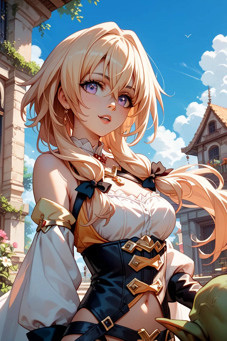 ((extreme detail),(ultra-detailed), (painting), chiaroscuro, extremely detailed CG unity 8k wallpaper,((an extremely delicate and beautiful)),(dynamic angle), alphonse mucha, best quality, masterpiece, <lora:OdinSphereStylev2:0.7> 1girl, bare shoulders, blonde hair, blue eyes, castle, cloud, day, dress, flower, hand on own chest, long hair, outdoors, sky, solo, corset, dark clothes, white hair, long hair, blue eyes, vivid colors, OdinSphereStyle,