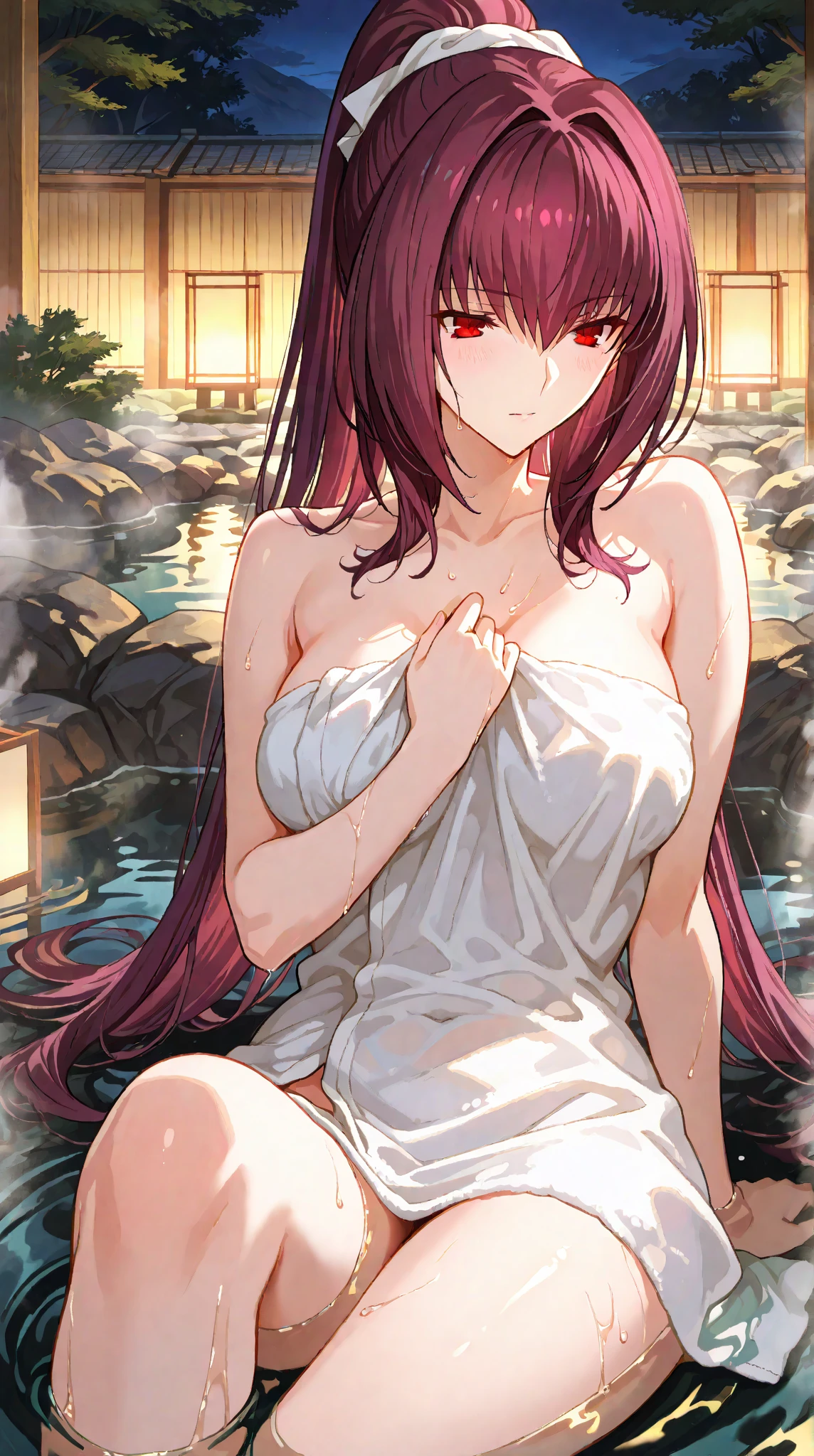 masterpiece, best quality, high resolution, night time, bathhouse, towel, cleavage, crimson hair, 1 girl, large soft breast