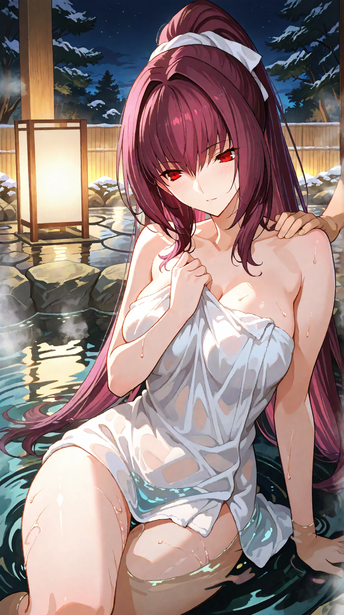 score_9, score_8_up, score_7_up, source_anime,
scathach, <lora:scathach-ponyxl-lora-nochekaiser:1>,
scathach, long hair, purple hair, red eyes,
nude, naked, 
outdoors, onsen, towel, naked towel, steam, bathing, nude cover, partially submerged, water, bath, steam censor, wet towel,
looking at viewer, dutch angle, cowboy shot,