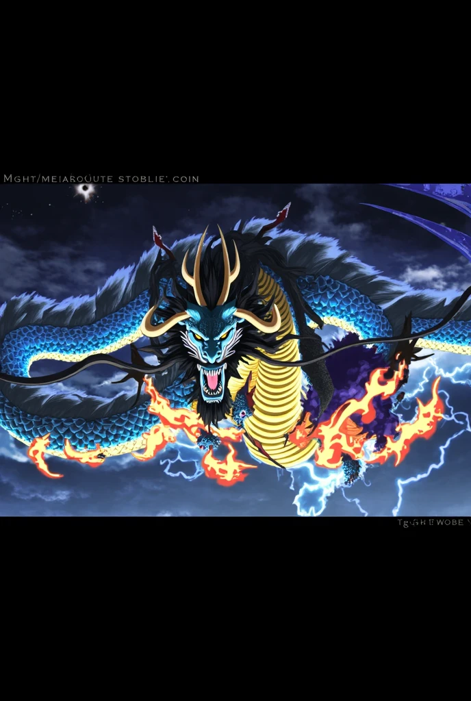 dragon with blue and yellow fire breathing in the sky, DRAGON LENDARIUS, majestic japanese dragon, storm dragon, colossal dragon as a background, colossal dragon in background, epic dragon, Mizutsune, By Kan'o Tan'yū, epic anime art, Chinese dragon concept art, 1 0 2 4 x 7 6 8, oni, advanced digital anime art”