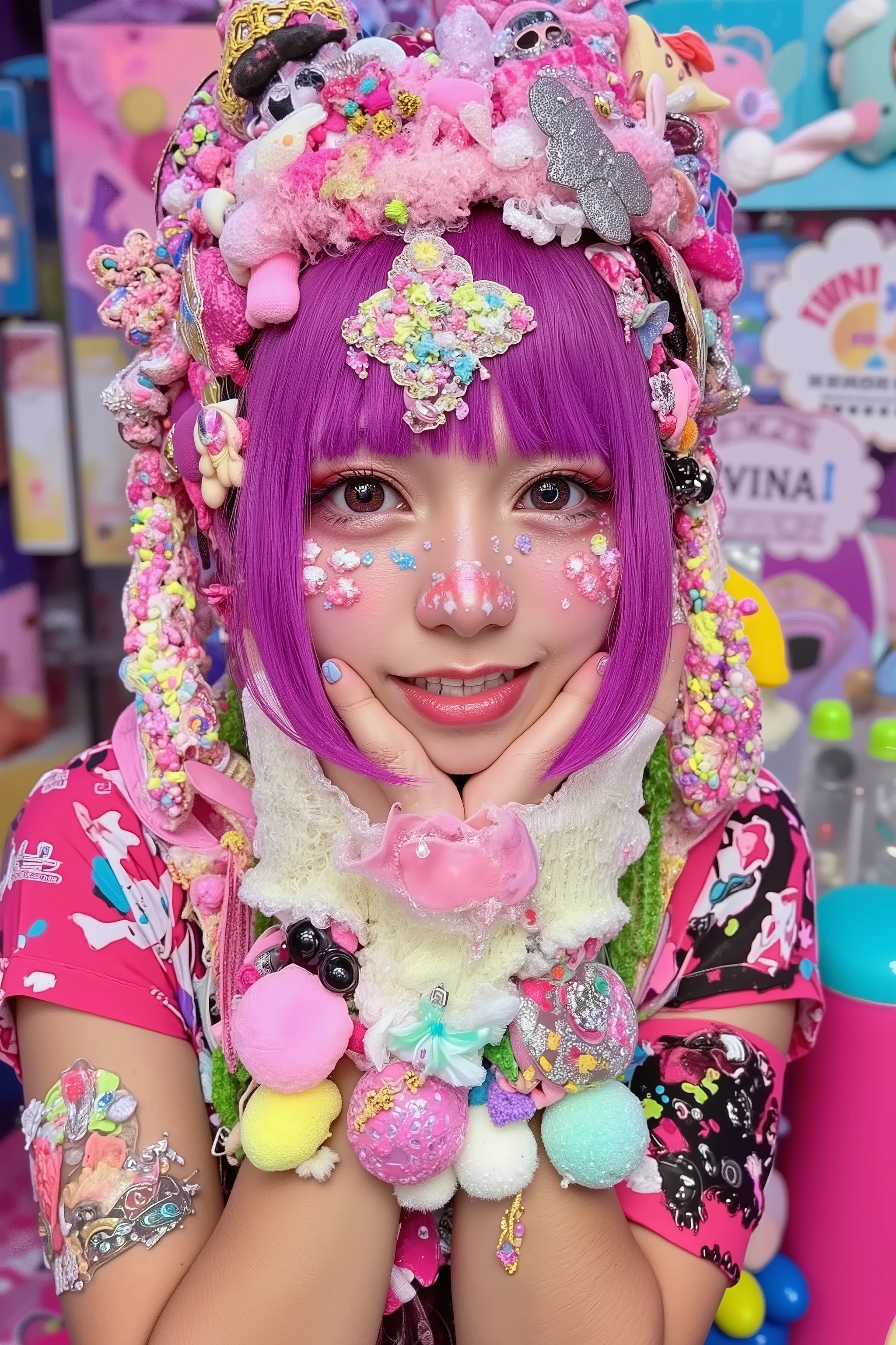 1 girl,decora,beautiful face,smile,heavy makeup, face shot,pop,artist photoshoot,decora background,studio lighting,