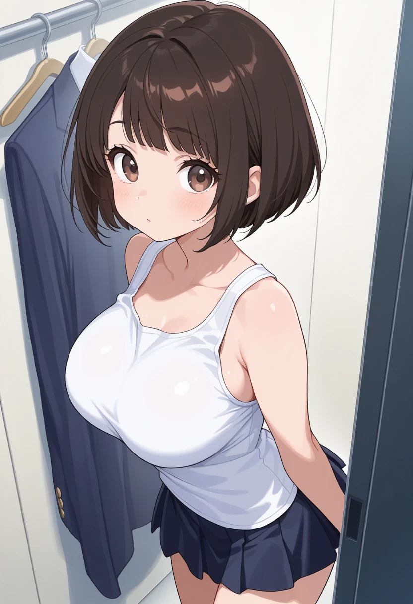 (Perfect body),highest quality,(8K Portrait),(Official Art)、(Browsing Caution)、Embarrassing、((:d))、(((surprised)))、(((blush))),(Sweat),Huge breasts、(((Big Ass)))、(brown hair),((short hair))、((Forehead))、((parted bangs)), (The eyes are brown)、(Brown eyes),(((Thick thighs)))、((Light Blue Bra))、((Shirt lift、White blouse))、((Black pencil skirt))、office lady、((locker room))、Place your hands behind your head、(View from the front)