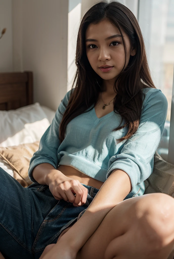 Portrait of a my horny sister, my sister focus, ((t-shirt:1.3), (running shorts), (sweat, wet, see through)), (sitting M legs on bed in the bedroom:1.4), (flashing pussy, thong:1.3), sad, 25 years old, (house background), (small chest, slim girl, thin body:1.4), (photography, realistic, bokeh, low angleshot, blur, from below:1.2), ((black hair, long straight hair)),(ahegao, face of ecstasy:1.3)