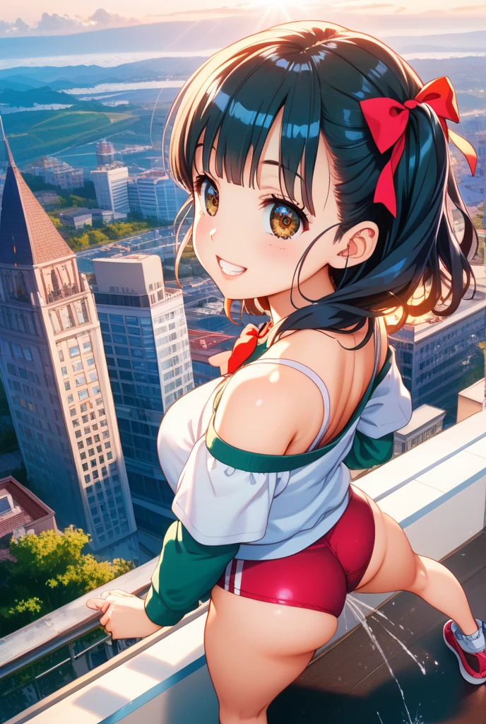 ((extremely detailed illustration)), highres, ((extremely detailed and beautiful background)), (professional illustrasion), (official art), ((Ultra-precise depiction)), ((Ultra-detailed depiction)), (beautiful:1.2 and aesthetic:1.2), beautiful detailed, intricate:1.1, nice hands, perfect hands, zentangle, 
(young girl), ((kawaii)), baby face, (highly detailed beautiful face and eyes, big breasts, firm breasts), oily skin, ((black hair)), ((black eyes)), ((bob with (short ponytail hair))), thin pubic hair, cute lovely, (cheerful disposition), 
((simple clothes)), (((green:1.3) (highleg:1.3) bodysuit)), ((sleeveless:1.3)), (((red:1.1) combat gloves:1.1)), (combat boots:1.2), ((red beret:1.2)), ((bare legs:1.3)), 
A panoramic view from a high-rise building capturing the modern architecture, skyscrapers, bustling streets, and a network of roads with vehicles.,