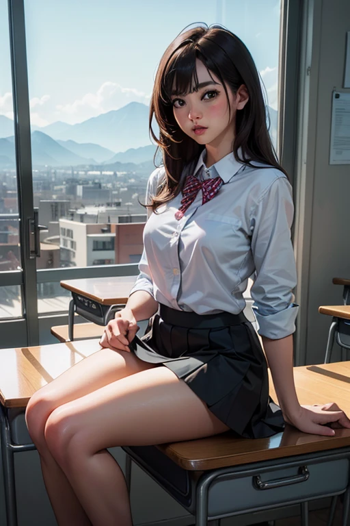 ((masterpiece)), ((Highest quality)), ((High resolution)), ((Ultra high definition)), ((Highly detailed 8k raw photos:1.5)), alone, JK, Black Skirt, White socks, A small smile, Silky shiny hair, Moist eyes, Soft skin texture, classroom