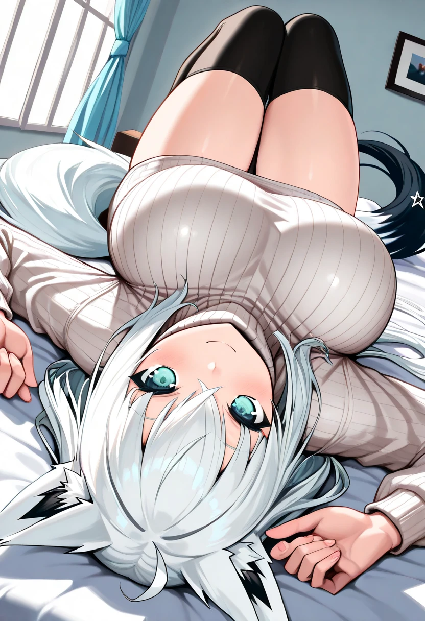 One Woman,20-year-old,tall,Big Breasts,blush,（Tight, thin black bodysuit）,Lie,bed,White hair and a little bit of blue hair,Long Ponytail,Open your mouth wide,Open your eyes,Woman looks at the viewer,Sky blue eyes,Simple bodysuit,A thin bodysuit around the chest and lower body,Embarrassed,Leg spread,Bedroom,Spread your arms out to the sides,Constraints
