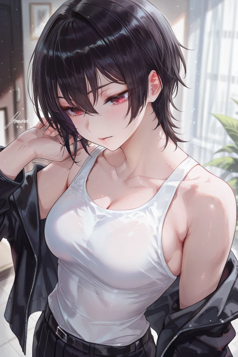 Serious teenage girl with short, messy black hair, White eyes, Scar on one eye, Sunburned skin, Stylishly dressed in black and white, Attractive body, Dark and cold look, Detailed portrait, 8k, photograph (Highest quality) . ,4K,8k,High resolution,masterpiece:1.2),Super detailed,(Realistic,photoRealistic,photoRealistic:1.37),Vibrant colors,Sharp focus,Physically Based Rendering,Extreme Detail,Professional tongue out, Blushing, chest,