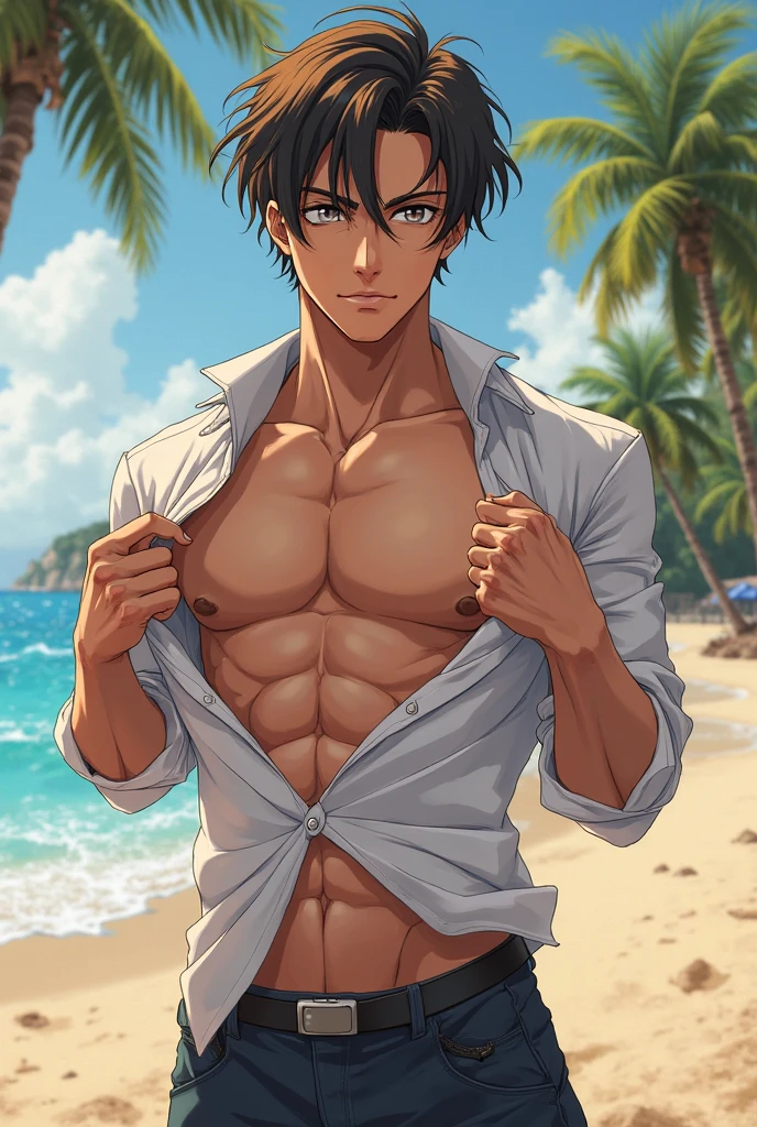 Men, Detailed Key Anime Art,solo, (((Mature Male))),,Beach,Pectals,((Beach)),Abs,((Crotch Bulge)),Stubble,((White Sheer Shorts)),Short Black Hair,Expressionless,Dusk,Depth of Field,Legs Apart,(((Leaking Abdomen)),((Leaking Chest)),Facing the Audience,Advanced Digital Anime Art",((Leaning on a Beach Chair)),Anime Epic Artwork,,Shigenori Fukujima Illustration,,Anime Fantasy Artwork,2 . 5 d CGI anime fantasy artwork, full body, clean detailed anime art, anime fantasy illustration,cum,hot,(((teach penes))),((boner)),(((胯部隆起)))