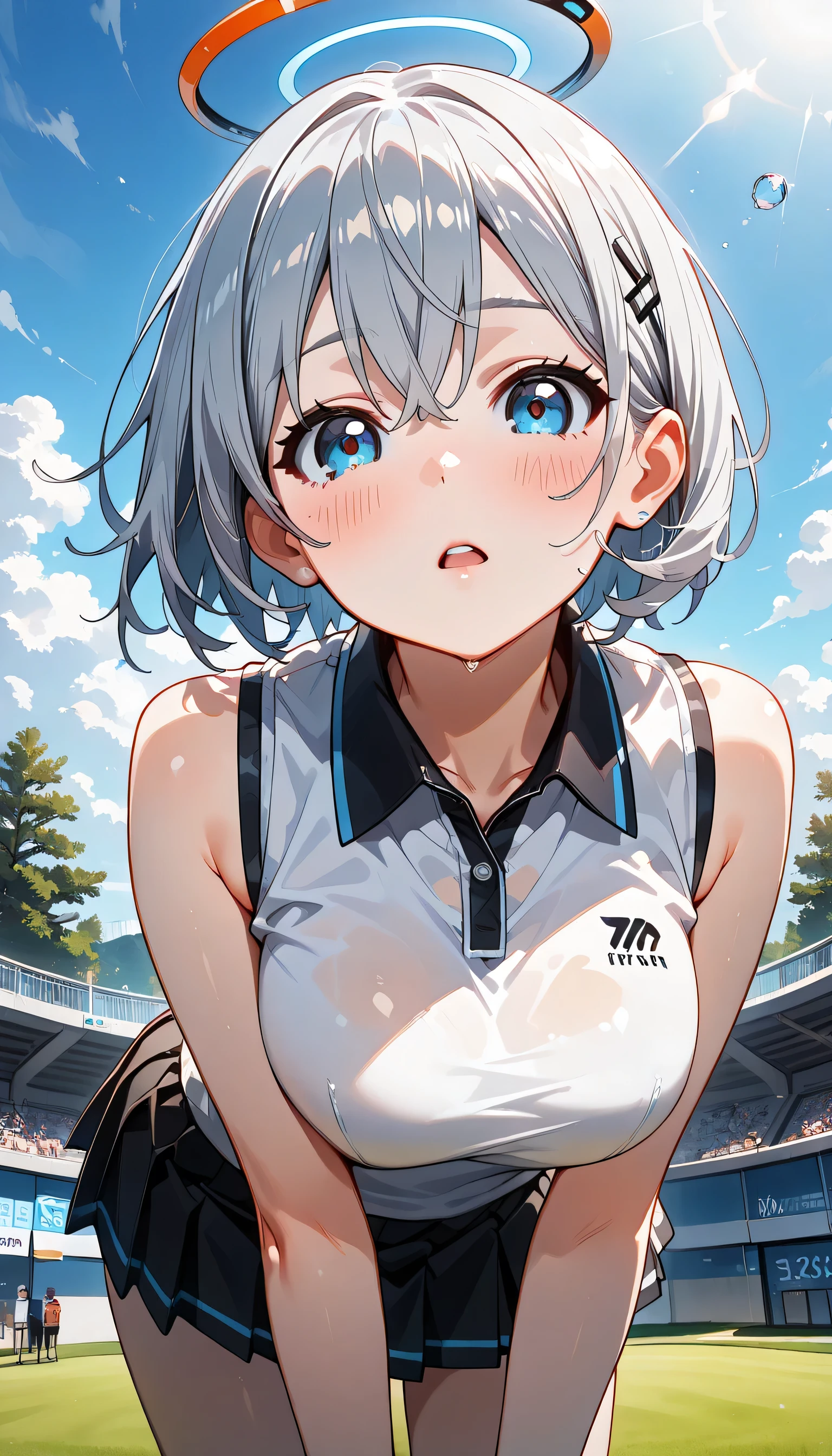 ((ultra-detailed)), (highly detailed CG illustration), (best quality:1.2), ultra-highly detailed, colorful composition, artistic photoshoot, 1girl, solo focus, thigh to top:1.4, cowboy shot:1.4, moe anime character, girl, dainty facial structure, baby face, round face, rounded chin:1.2, ideal ratio body proportions, blue eyes, sparkle eyes, sagging eyes, silver hair color:1.3, two side up, hair ribbon with blue, fluttering hair, ample breasts, playing golf:1.3, holding golf putter:1.3, crouching,1.3, golf green:1.3, bent over, leaning forward, visor cap, polo shirt, sleeveless, skirt, ass, floating hair, big , open mouth, shy, blush, frown, flare, close-up, scoreboard, outdoors, white tennis panties with frill:0.5, gentle smile:1.3, blush:1.4, breathing:1.2, from below, from front, looking away, dynamic pose, contrapposto pose, best quality, expecting, pink cheek, blush, light pink gloss slip, portrait, depth of field, beautiful sky, sunlight, backlight, backlighting, (shine), lighting, caustics, ray tracing, perfect face, lustrous skin, highly detailed face, highly detailed eyes, perfect face, perfect nose, perfect hair, perfect eyes, perfect anatomy, beautiful hair, beautiful small face, extremely detailed face, beautiful detailed eyes, beautiful clavicle, beautiful body, beautiful ample breasts, leavage, breasts squeezed together, equalize the size of the left and right breasts, beautiful thin thighs, beautiful legs, beautiful fingers, (4 fingers), 1 thumb, lovely, (very detailed background:1.0), (highly detailed background:1.0), spring aesthetic, intricate details, outdoor atmosphere, spring colors palette, chromatic aberration