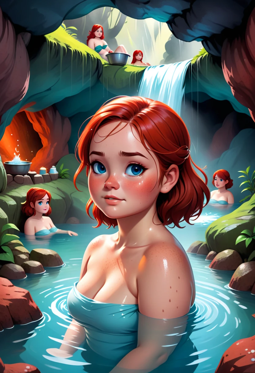 rubenesque woman, bathing in a forest glade, reddish-blonde, freckles, pinup, druidess, lesbian love
