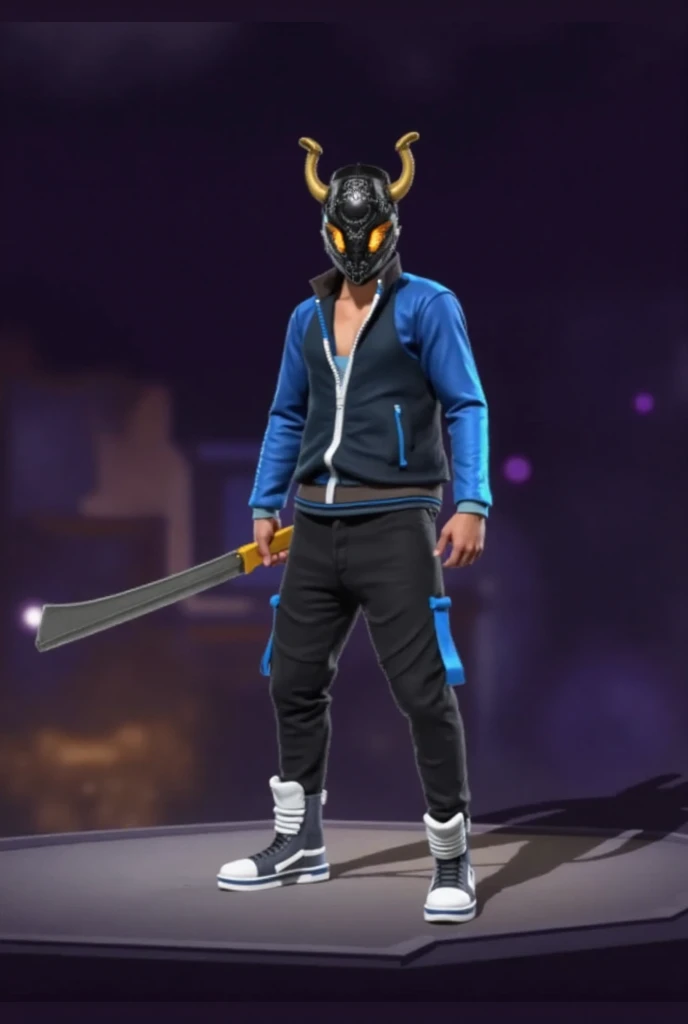 Men wearing purple clothes, devil mask
