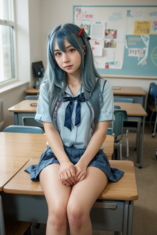 (best quality,4k,8k,highres,masterpiece:1.2),ultra-detailed,(realistic,photorealistic,photo-realistic:1.37),"A girl with long, light blue hair sitting in a classroom. She is wearing a black modern school uniform, and her hair is styled in an anime-inspired way."