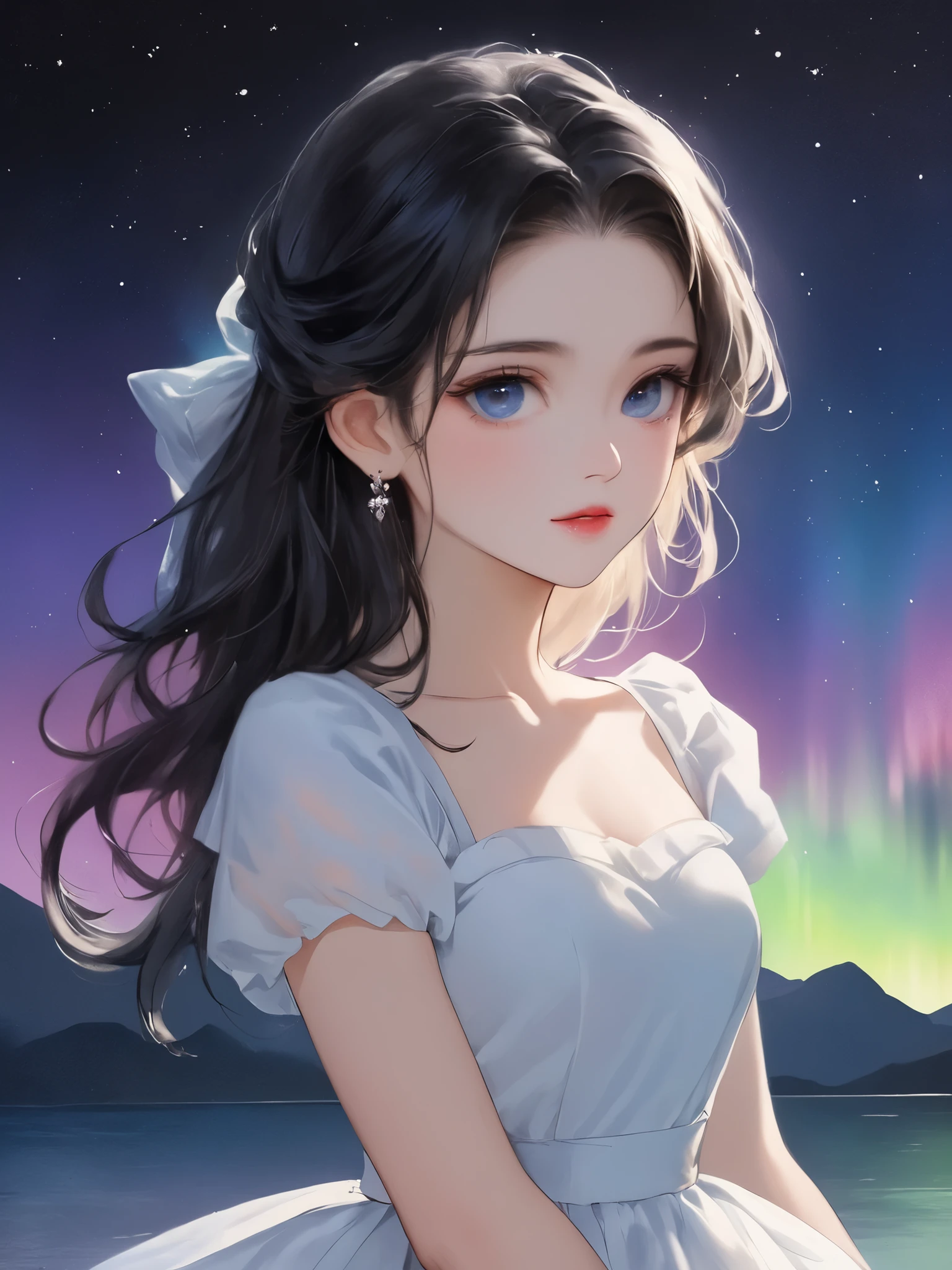 Intense Ink Paintings, The combination of watercolor, best quality,8k,Black Secretary Set,Masterpiece, Pretty Woman Dressยืนอยู่คนเดียวภายใต้ท้องฟ้าที่มีดวงดาว, Pretty Woman Dress, Subtle Faces Sharpened, of elegant posture, white baby girl, sharp eyes, Portrait Lighting, Heavenly Environment,Northern Lights,starry sky,of bright colors,Oil Painting Features