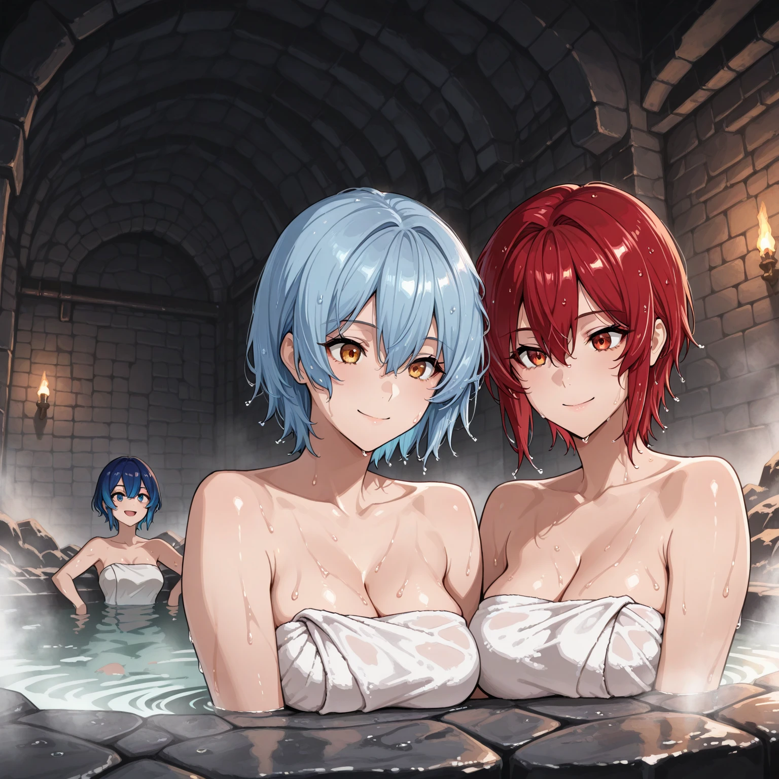 nsfw,A group of women set in a medieval fantasy world、 (At the hot spring:1.5), Mr..々Hairstyle, Harem, night, detailed aspects, Seduce, ((Completely naked:1.5))、Huge breasts、Big Ass、Wide waist、Nipples are erect、looking at the camera、obesity:1.2、Sweating:1.5、Wet body、((Grabbing her chest:1.2))、(((vagina、SEX:1.5、gangbang:1.5,3 males)))、((Ahegao))、Orgy