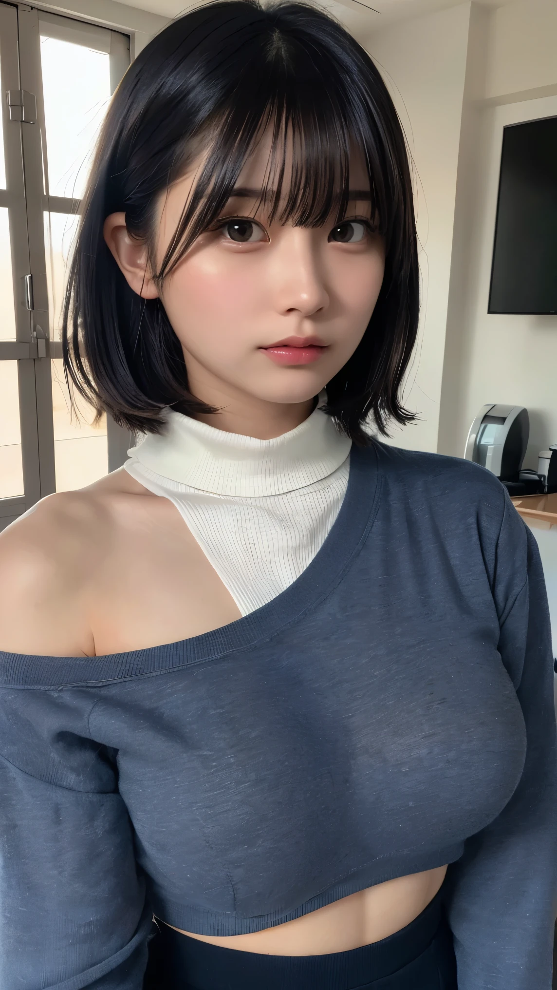 short cut hair (Dark blue), azure eyes, looking in camera, facing front, The upper part of the body, Large breasts, Black turtleneck sweater, White jacket,