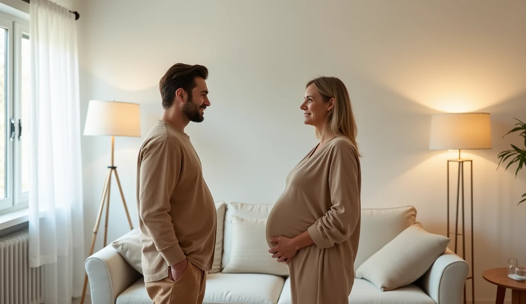 A heartwarming family image featuring two pregnant European sisters in their 5th month. Both sisters are wearing semi-transparent pink body outfits, slightly different in design but similar in color and style. The first sister, with blonde hair pulled back into a neat bun, is comfortably sitting on the lap of her European father, who has salt-and-pepper hair and a gentle smile. The second sister, with wavy brown hair cascading over her shoulders, is warmly nestled in her European brother's lap, who has short-cropped hair and a playful grin.

Happiness and peace emanate from their expressions, their hands tenderly resting on their baby bumps. The fathers-to-be, both European, stand upright nearby. One has a muscular build with dark hair and a trimmed beard, wearing a casual yet stylish outfit. The other has a leaner frame with light brown hair and is clean-shaven, dressed in a cozy sweater and jeans. Their faces light up with pride and affection as they admire their pregnant partners.

The setting is a beautifully illuminated homely living room. The room has large windows with soft, sheer curtains that allow natural light to flood in. A comfortable beige sofa with colorful throw pillows sits against one wall, and a wooden coffee table with a vase of fresh flowers and some family photo frames is placed in front of it. A plush rug lies on the floor, and in one corner of the room, there is a bookshelf filled with books and decorative items. The walls are painted in a warm, inviting color, and there are a few pieces of tasteful artwork hanging on them. The overall atmosphere of the room reverberates with feelings of familial bond and warmth.