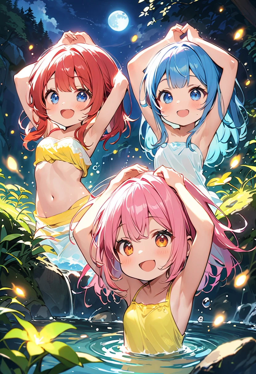 blue hair , white swim suit , short hair , water , high quality , smile , open mouth , jump ,