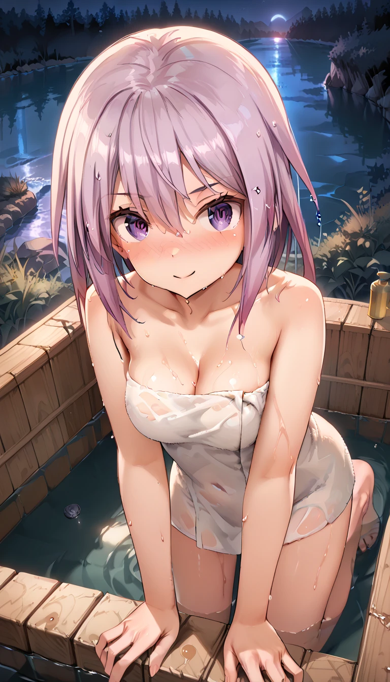 Soft skin、tits out、、barechested、bath towels、hot onsen、Steaming、a short bob、Shyness、A sexy、Lusting