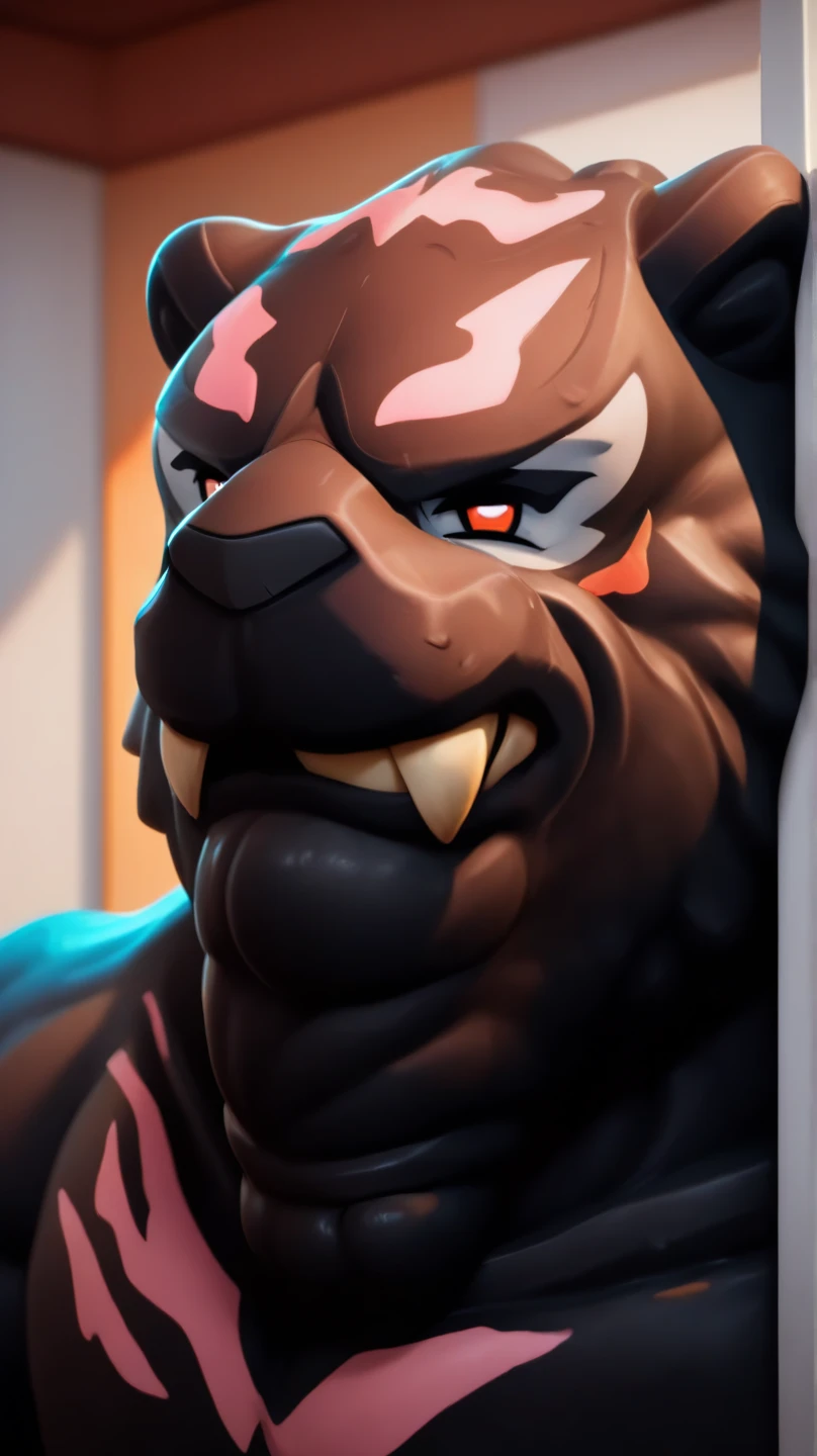 Browsing Caution。Super muscular boar beastman。Blindfold。A desperate and distressed look。Open your mouth wide。Licking huge black and red erect penis。Semen splattered on face。