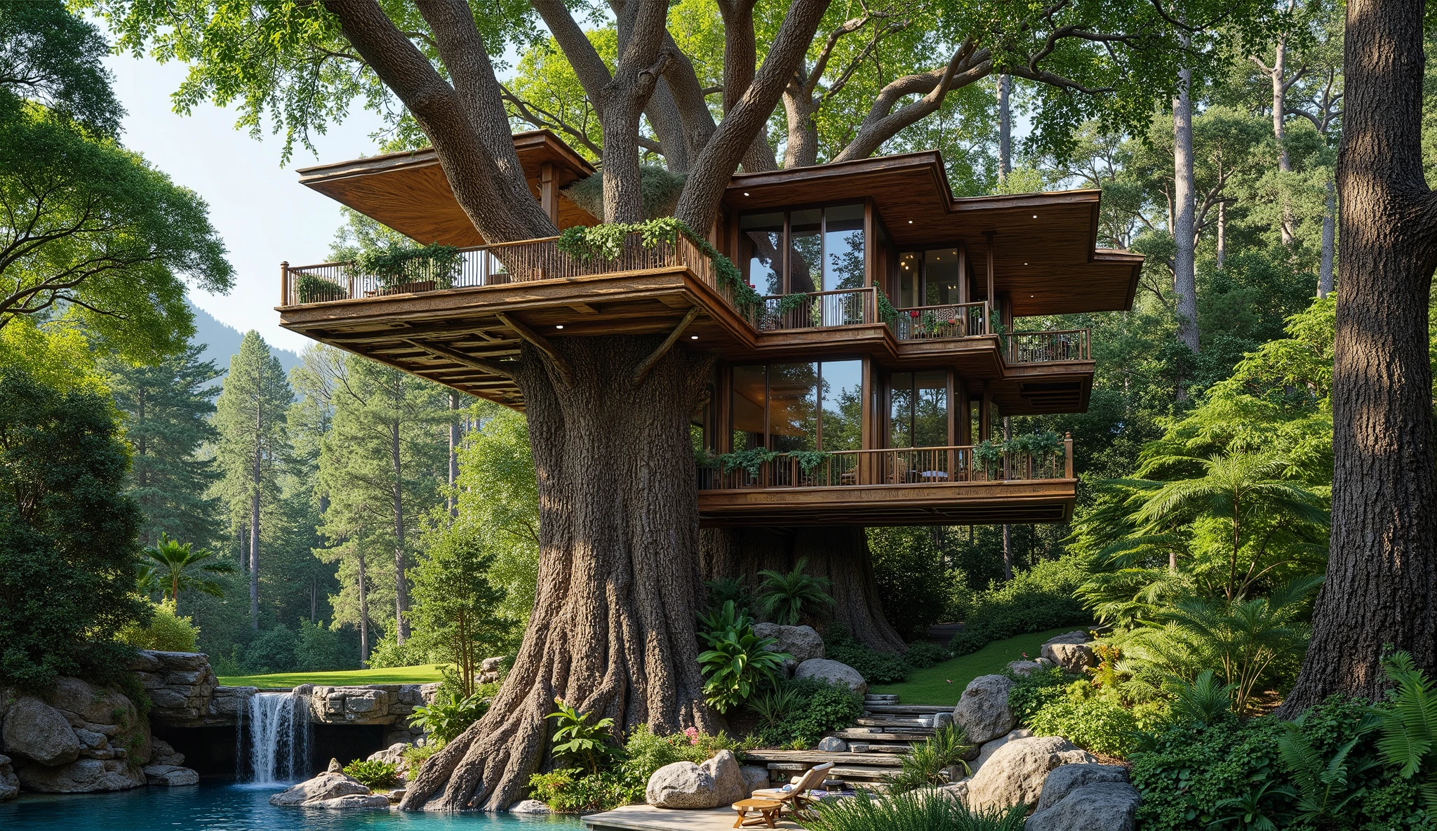 (巨木のレッドウッドの上にある巨大treehouse:2.0),(巨大で巨木treehouseと3階立て豪邸ビルの融合:2.0),(巨木のレッドウッドの上にある巨大treehouse:2.0),(treehouse:1.5),(Modern 3-storey mansion standing on a giant tree:1.5)、There is a luxurious pool、(A waterfall cascades down from natural bedrock:1.5),(巨木のレッドウッドの上にある巨大treehouse:1.5),(A very beautiful forest:1.5),calm and quiet atmosphere、Colorful birds are dancing wildly、