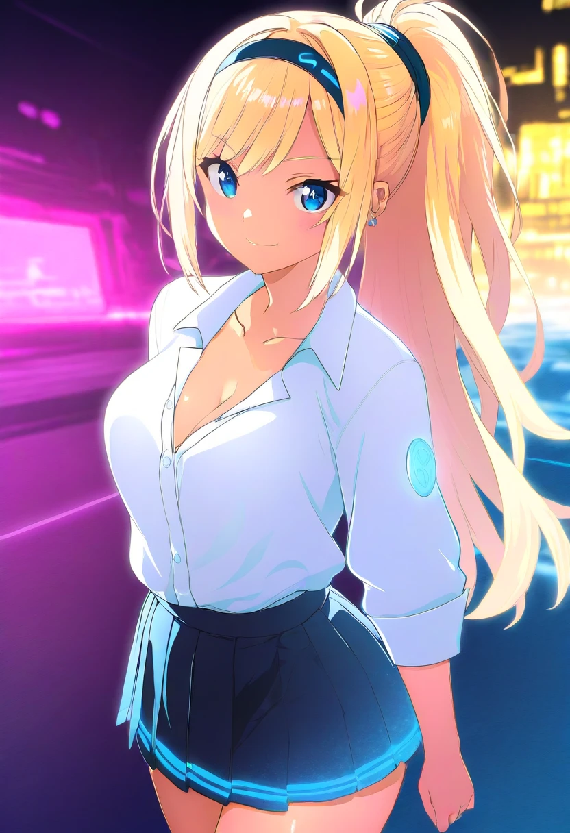 masterpiece, best quality, highres, heart hair ornament, ta1,blonde hair,long hair,yellow eyes, white jacket, sleeveless, blue skirt,tight skirt , miniskirt,fingerless gloves,smile,big tits ,looking at viewer,top view,(standing), bracelet, Cyber city,blue neon lights,((perfect face)),perfect body, perfect , high definition,blush,((upper body))