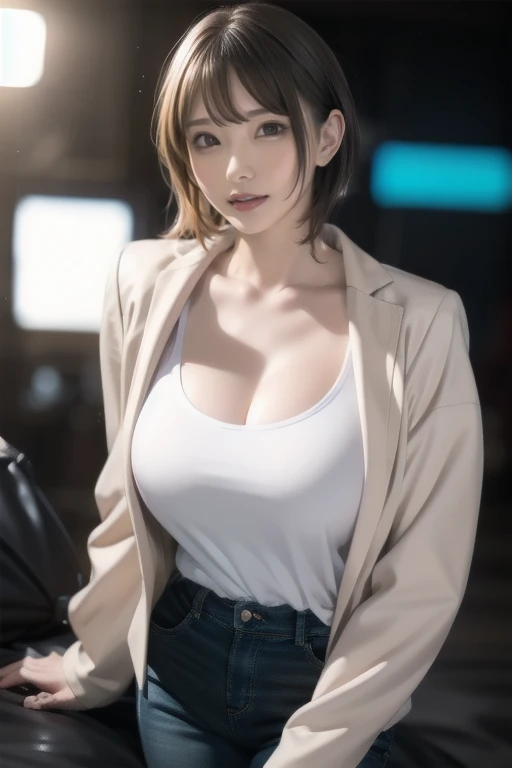 (highest quality,8K,High resolution:1.2), masterpiece, highest quality, ((Outdoor:1.4)), ((throw, Upper Body, Face Focus)), One girl, alone, Suzune, ((short hair, Gray Hair)), Suzune&#39;s clothes, White jacket, Black Shirt, ((Covered nipples:1.2)), (Cute Japanese Girl,One Girl,Japanese Gravure Idol),,(Huge breasts:1.1),Bobcut, (High resolution, highest quality:1.2), Beautiful Face、Detailed face、Perfect proportions、sexy、Alluring、Large Breasts、Teardrop-shaped breasts、Cleavage、Narrow waistと太いヒップ, Toned waist、Beautiful shaped hips、Belly button pussy、Thick thighs、Lower abdomen exposed、(masterpiece、highest quality、Official Art)、(Photorealistic stick:1.5)、Sharp focus、High Detail、Fantasy art、8k、1 Girl、Full Body Shot、Buzz Cut、Narrow waist,Oily skin, Body oil covered, Large Breasts, Perfect Face, Suzune, short hair, White jacket, Black Shirt, One woman、With a girl、leather jacket、Leather skirt、short leather boots、Jewel-like eyes、Anime art style、Upper Body裸、High quality clothing decoration、High quality decorations、Blonde、Beautiful Skin、((throw, Upper Body, Face focus)), 1 Girl, alone, Suzune, ((Buzz Cut, Black Hair)), Suzune's clothes