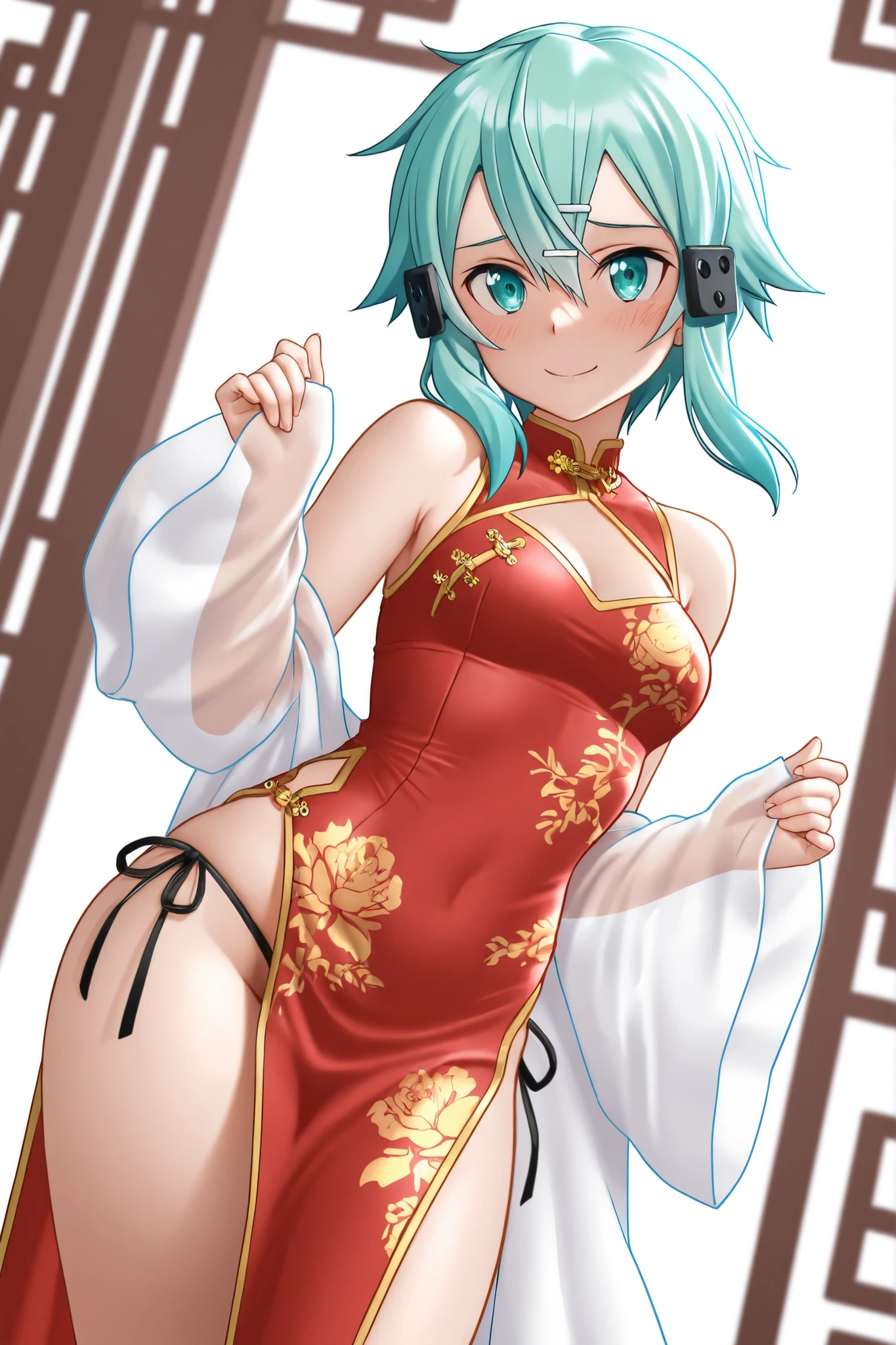 High resolution, adult woman , good lighting, despicable, , (No nudity), (((China dress))), (()), ((())), (garter belt), abdomen only, (),  ,  cute face, I&#39;m embarrassed and blush, from behind, from back,  humiliating, ((turn around and look back)), ((See-through))()(T-back)(a large amount of  is on the body,) 640 X 1536