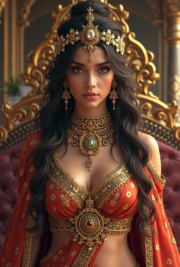 An alluring and intricately detailed portrait of Anahita, the revered queen of ancient Persia, is showcased in this masterpiece. Her regal attire, a red Persian royal uniform, meticulously covers every inch of her body, creating an enchanting mystery. Anahita's mesmerizing eyes, decorated with fine lines and bold expressions, sparkle with intelligence and power. Her beautifully outlined lips, curved gently in a subtle smile, add a touch of seduction to her regal countenance.
Her long, straightened hair, adorned with intricate braids, cascades down in soft waves, reflecting the opulent surroundings with every golden thread (full view of her))