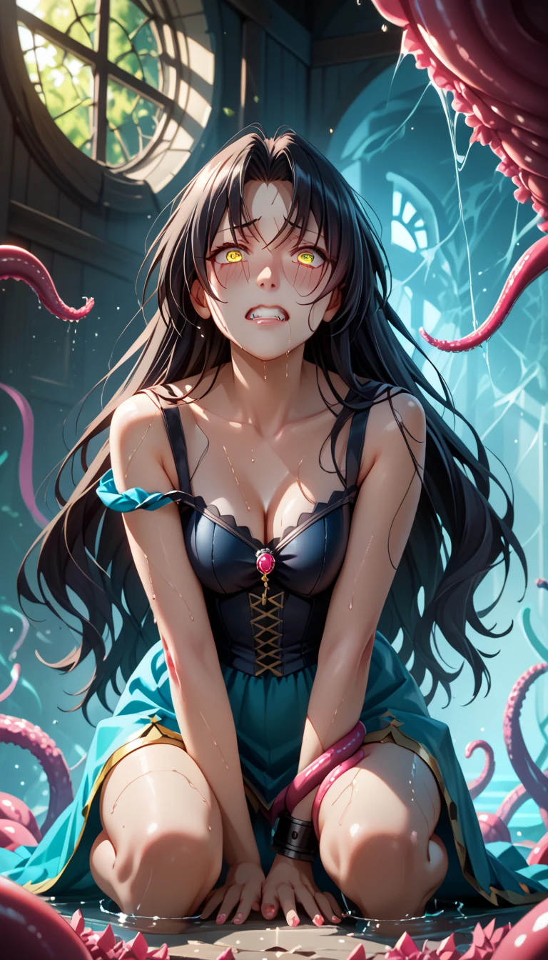(((beautiful))), (((kimono, One Woman, from front, Fighting Pose, Attacked by a tentacle creature))), ((Black Hair, parted bangs, forehead, Long Hair, ponytail, hair ornaments, Chubby)), Large Breasts, Huge Saggy Tits, Glowing Skin, Wet Skin, (((Intricate details))), High resolution, ((Intricate details, Ultra-detailed)), cowboy shot, (looking at viewer, look at viewer), Red cheeks, painful, depressed, Dark Room, night,