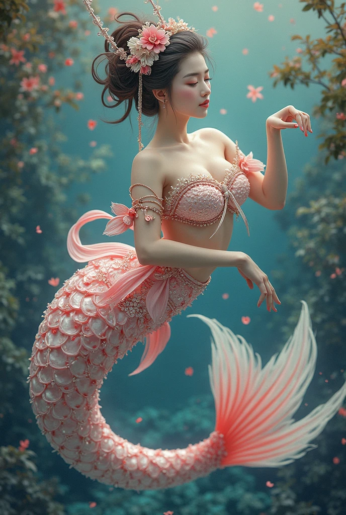 prompt: 「Coral is the spirit of coral that symbolizes the beauty of the deep sea.。She brings colorful coral reefs to life、It has the magical power to preserve its beauty.。The presence of coral、A symbol of hope and peace for marine life.。 The appearance of the coral is exactly like that of a coral.、Her hair is made of iridescent coral branches、Every time it sways, it reflects light and creates a beautiful sight.。Her skin is a soft pink、Small coral patterns emerge here and there.。Her eyes reflect the blue of the sea、Deep wisdom and kindness resides。 Coral&#39;s costume、A dress modeled after the most beautiful coral reef in the ocean.。The dress is decorated with colorful corals and shells.、Every time you move it emits a fantastic light.。She holds a magic wand in her hand、At the tip of the pearl is a sparkling。Use this stick、Coral protects the reef、Can heal。 Coral&#39;s personality is gracious and compassionate.、Love marine life、I am working hard to protect。She heals the wounded coral、It has the power to purify polluted oceans.。Her voice is calm、Gives comfort to the listener。 In the background、It depicts colorful coral reefs and the beautiful fish swimming around them.。Coral protects the ocean with its magical powers.、Emphasis is placed on creating a bright future。Her presence、The exhibit will make viewers realize the importance and beauty of the ocean.。」Hair is long and not tied up、Face facing forward、The chest is large、Adult female