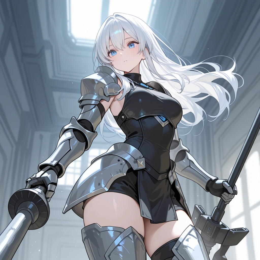 1girl, ,blonde_hair,  rating:safe, weapon, long_hair, solo, breasts, bodysuit, sword, green_eyes, holding_weapon, hair_intakes, holding, armor, large_breasts, holding_sword, standing, eyebrows_visible_through_hair, hairband, closed_mouth, gloves, armored_boots, looking_at_viewer, bangs, white_hair, hair_between_eyes, boots, gauntlets, greaves, shoulder_armor,  polearm, pauldrons, black_gloves, tiara, crown
