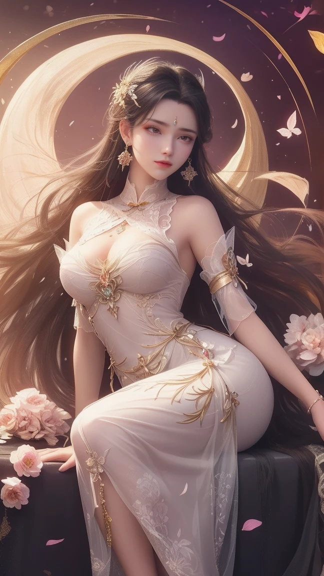The art depicts a charming woman in a flowing, silky traditional oriental dress in pink, tight translucent trousers, decorated with intricate patterns and bright colors. Her dress drapes elegantly over her curvy figure, accentuating her seductive silhouette. She stood gracefully in the quiet moonlit night, bathed in the soft glow of the moonlight. The scene exudes an ethereal and dreamy atmosphere, with a touch of mystery and sexiness. The graphic style blends watercolor and digital illustration techniques to evoke a refined beauty and charm. The lights are filled with soft moonlight, casting soft highlights and shadows on her charming features. Bare thighs, wearing tight translucent pants, big breasts, three-dimensional facial features, sitting, upturned legs, side braids, full body photo
