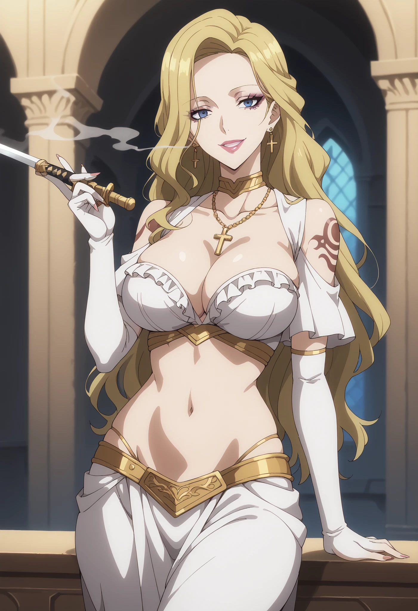 ftselenecas,mature female,pink eyes,mature female, blonde hair, long hair, blush, lipstick,,jewelry, earrings, Hot girl, baddie, bad attitude, mean girl, crazy, smoking, sensual, attractive , masterpiece, best quality, highly detailed, fantasy , a anime girls in armored dress holding a sword
posing for a picture, evil smile, smile, open mouth, breastplate with open cleavage, cleavage, warrior
outfit, ecchi anime style, anime girls, ecchi style, (nsfw) not safe for work, ecchi, digital anime art!!, in
anime style, official artwork, visual novel cg, beautiful anime girl, anime style 4 k , loincloth, exposed
belly, exposed navel, exposed midriff, exposed lower belly, pencil skirt armored, castle,inside castle