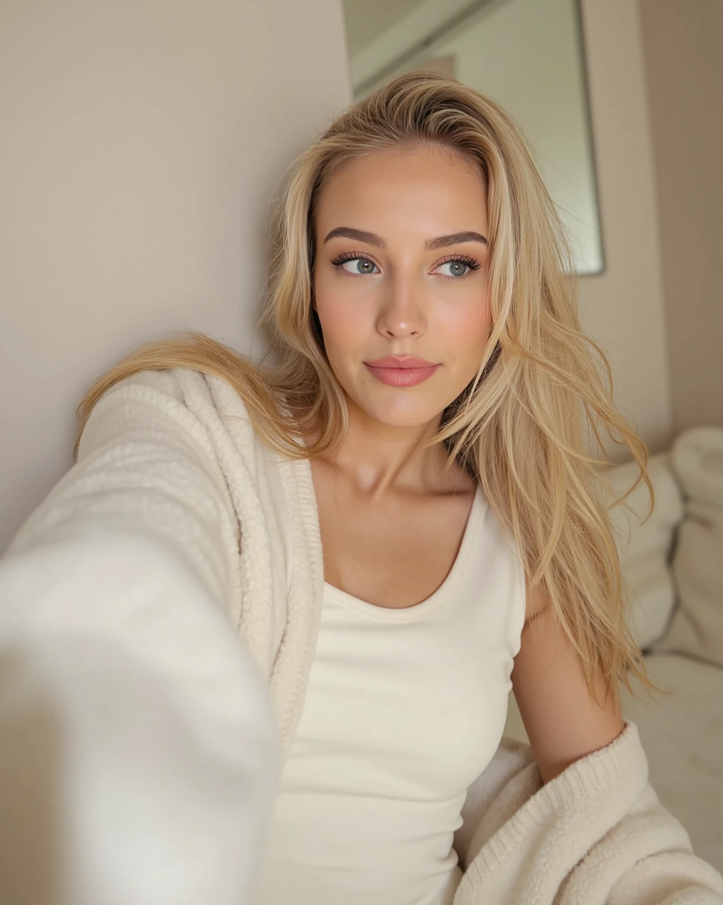 a charming 30-year-old blonde woman taking a cozy selfie indoors, wearing a soft white tank top and an oversized fuzzy cream cardigan slipping off her shoulder. Her tousled hair gives a natural, carefree look, sexy model face. She’s smiling slightly with a playful, flirtatious expression and looking to the side as if reacting to someone she likes. Natural daylight filters gently from a nearby window, casting a soft warm glow, big natural breasts. Feminine, candid, cozy influencer aesthetic, realistic skin texture, detailed facial features and brows, light natural makeup