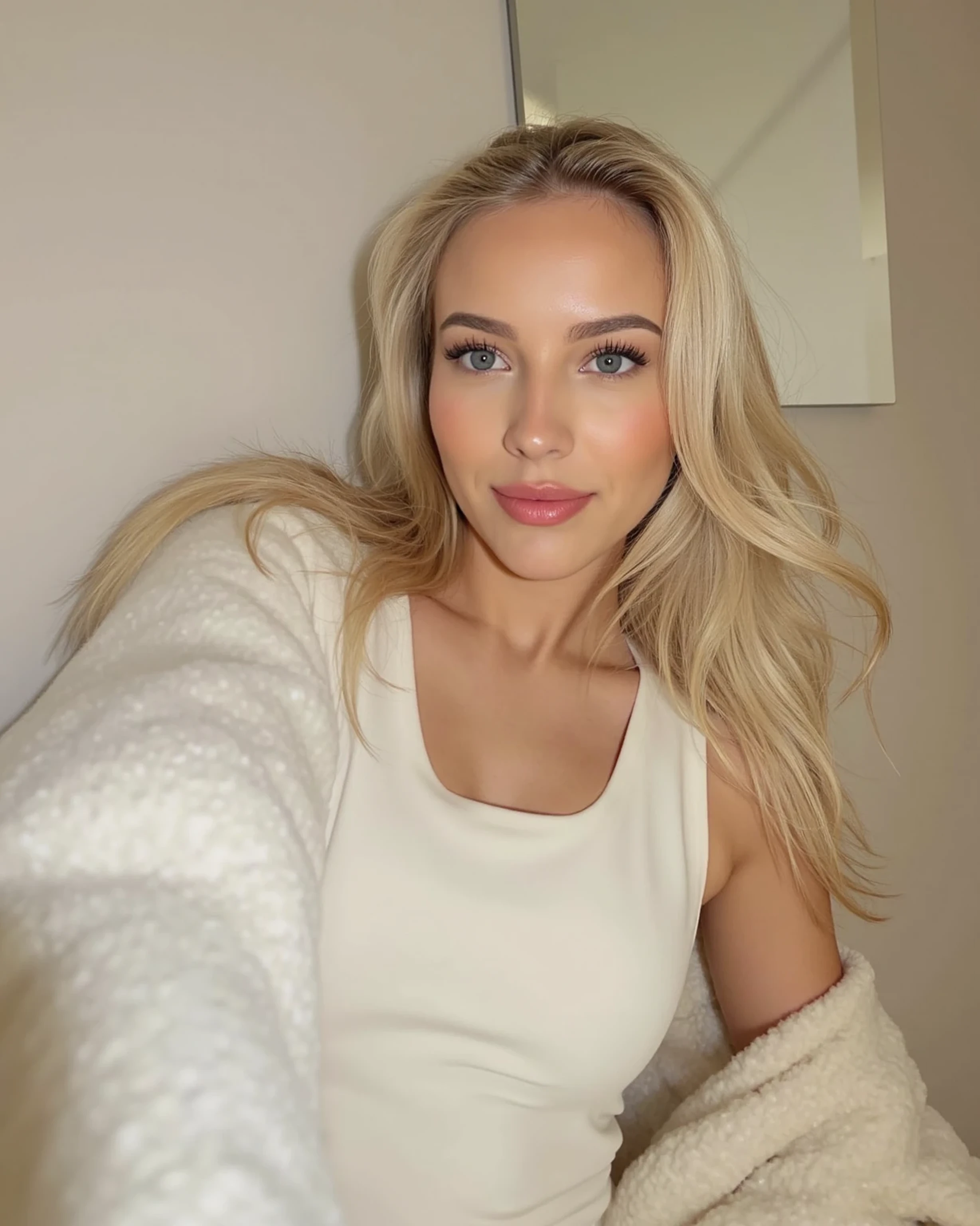 a charming 30-year-old blonde woman taking a cozy selfie indoors, wearing a soft white tank top and an oversized fuzzy cream cardigan slipping off her shoulder. Her tousled hair gives a natural, carefree look, sexy model face. She’s smiling slightly with a playful, flirtatious expression and looking to the side as if reacting to someone she likes. Natural daylight filters gently from a nearby window, casting a soft warm glow, big natural breasts. Feminine, candid, cozy influencer aesthetic, realistic skin texture, detailed facial features and brows, light natural makeup