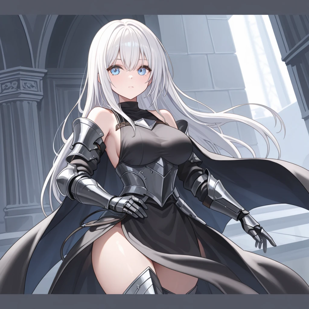 Woman knight、a beauty girl、huge tit、Excellent style、Nice Buddy、glamorous、Black leotard、s Armor、Bra chest armor、knee boots、greave、gauntlets、hair adornments、silber hair、Longhaire、Ahoge、wasteland、is standing、full body seen、Holding a sword in both hands、1Person-person perspective