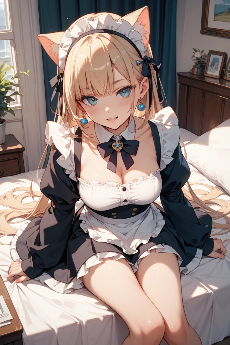 Best Quality, super precision, One girl, Blue eyes, a blond, 年轻, Lori, Cute, maid, Maid costume, blush, Natural smile, ager, Cat's ears,, Look up at you, cleavage, pure, obedience, Sitting, sitting gracefully, put hands between legs, Shy, on the beds, Bait hunting, affectionate, Like sisters, Sexy, NSFW, Seduce,Twin-tailed,Mouth open、on the beds