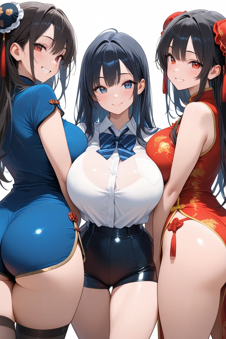 (Cute eyes:1.2), (Sparkling eyes:1.2),highest quality,wonderful,finely,Highly detailed CG Unity 8k wallpaper, (2 girls,Black Hair, blue eyes,Double good), (Huge breasts), (Bent over:1.2), ((red short cheongsam dress:1.1), golden pattern cheongsam), (Light blue striped underwear:1.1), (Open your mouth:1.1), (Beautiful ass:1.2),(zettai ryouiki:1.2),(From behind:1.2)
