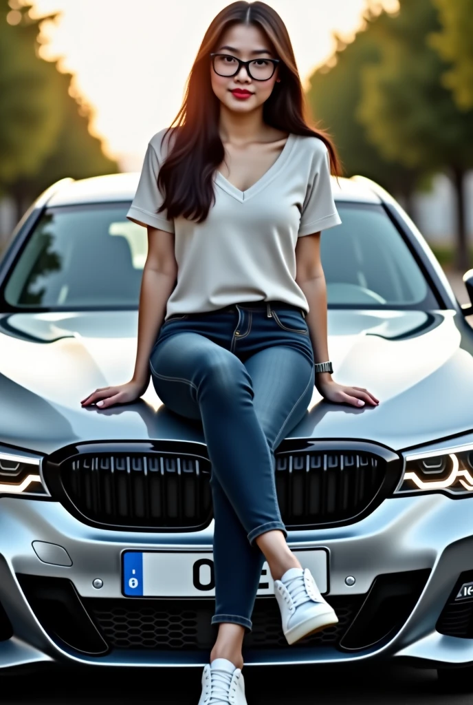 A photograph of a Paraguayan Latina woman,the 20s, wearing a long white blouse, glasses, nails painted red, red lipstick on lips, jeans, White sneakers, BROWN COLOR, pretty, face detailed, smiling with eyes closed, fazendo ✌️ com as mãos, leaning against a BMW X1, portrait showing the whole body, 4k hd, high qualiy